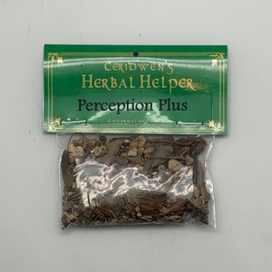 May include: A green and gold label with the text "Ceridwen's Herbal Helper Perception Plus" on a clear plastic bag filled with dried herbs.