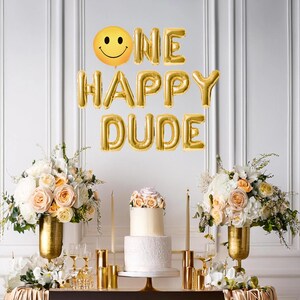 One happy dude balloon banner, retro themed first birthday party, cool dude 1st birthday party decorations, smiley themed first birthday