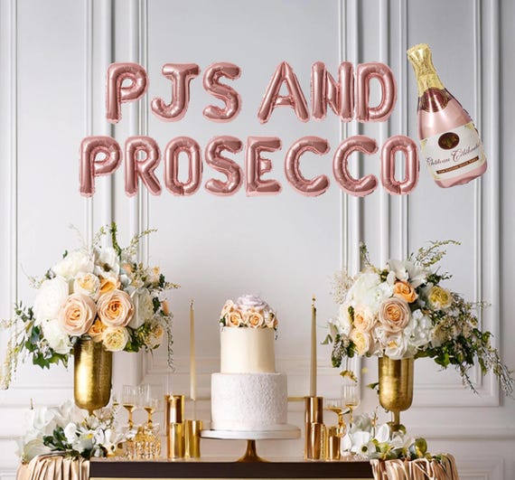 PJs and prosecco slumber party themed bachelorette party, pj hen party, pajama party for bachelorette or bridal shower, balloon banner