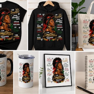 May include: A selection of products displaying a portrait of a Black woman with a red head wrap and gold earrings. The items include a black t-shirt, a black hoodie, a tote bag, a mug, a tumbler, a framed print, and a spiral notebook. Each item has the text "I AM Limitless".
