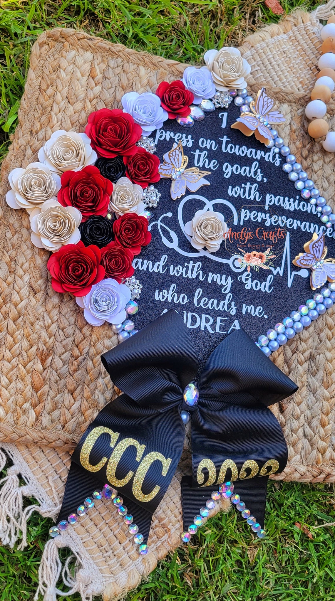 Custom Graduation Cap With Bow BLING 3D Paper Flowers Etsy