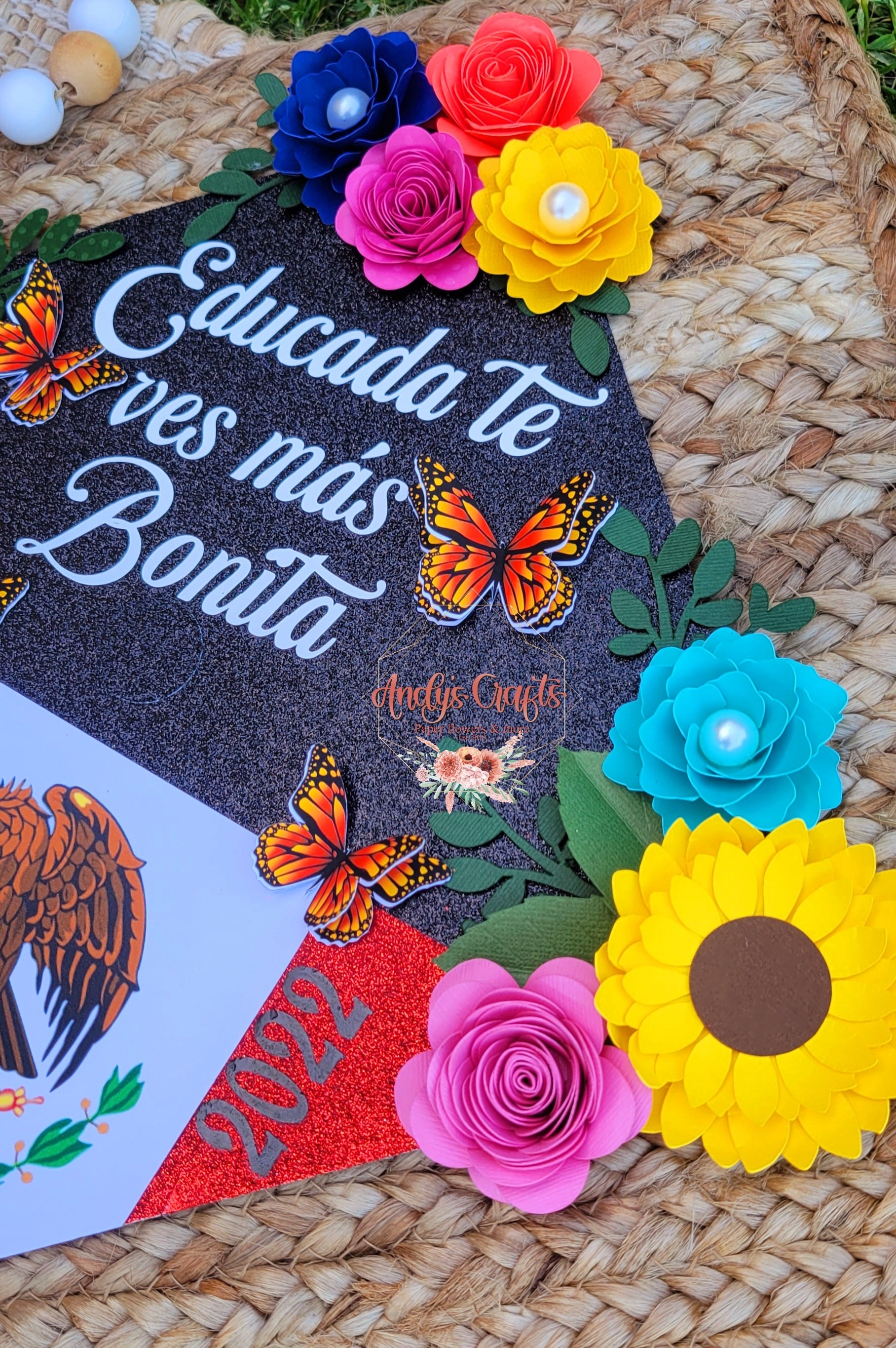 Custom Graduation Cap With BOW & BLING , 3D Paper Flowers