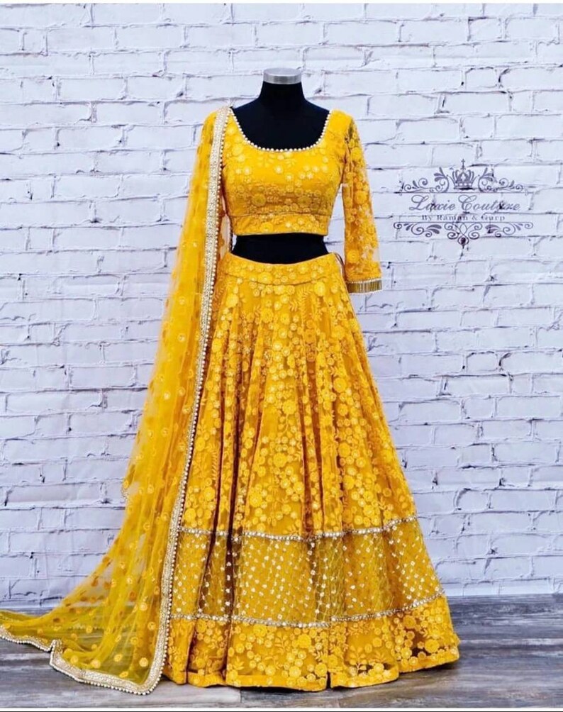 Yellow net embroidered lehenga choli dupatta party wear Indian | Etsy