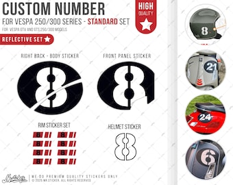WWSTS44 Reflective Vespa Hpe GTV Sei Giorni HPE GTS250/300 HPE Sticker Set | Up to Two Digits Custom Number Option | Mr. Sticker Customs