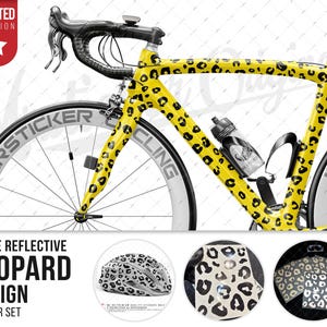 Könnte beinhalten: Ein gelbes Fahrrad mit schwarzem Leopardenmuster. Das Fahrrad hat einen schwarzen Lenker und eine Wasserflasche. Auf den Rädern steht "MRSTICKER". Das Bild enthält auch ein weißes, reflektierendes Leopardenmuster-Aufkleber-Set.