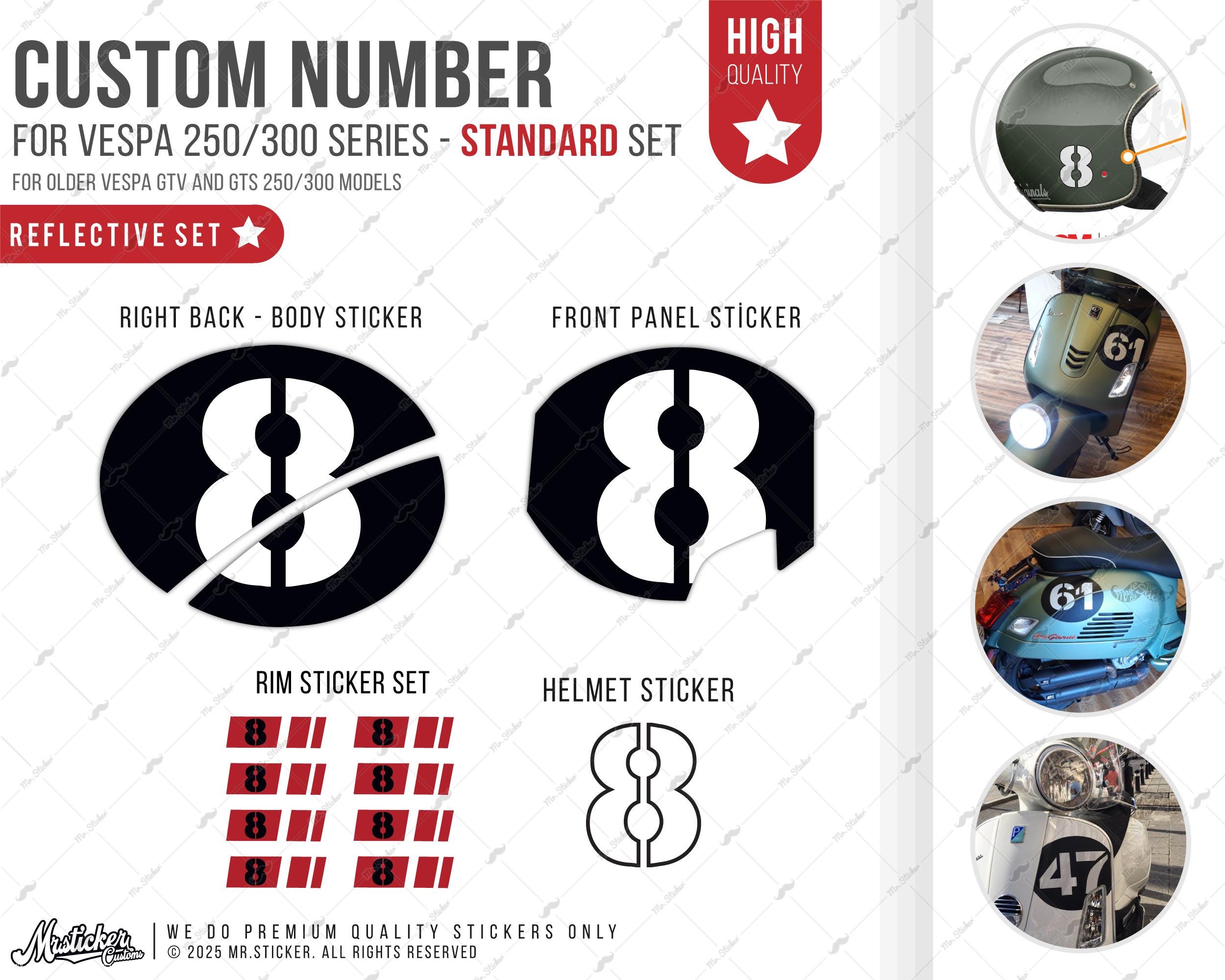 WWSTS14 Reflective Vespa GTV Sei Giorni GTS250/300 Sticker Set | Up to Two Digits Custom Number Option | Mr. Sticker Customs