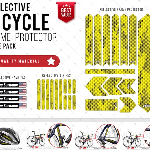 WWBCY40 Reflective Bicycle Frame Protector, Name Tag and Stripes Set | 26 Pieces Set | Yellow Black Comb Camo Design |  Mr. Sticker Customs