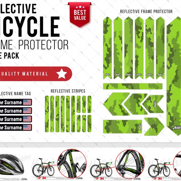 WWBCY37 Reflective Bicycle Frame Protector, Name Tag and Stripes Set | 26 Pieces Set | Green Black Comb Camo Design |  Mr. Sticker Customs