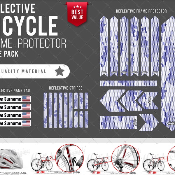 WWBCY36 Reflective Bicycle Frame Protector, Name Tag and Stripes Set | 26 Pieces Set | White Blue Comb Camo Design |  Mr. Sticker Customs