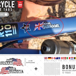 WWBT81 Reflektierende | Fahrradfahrer Namensschild und Country Flag Sticker/Aufkleber | 18-teiliges Set | Limitierte Auflage | Langlebig gegen Sonne und Wasser
