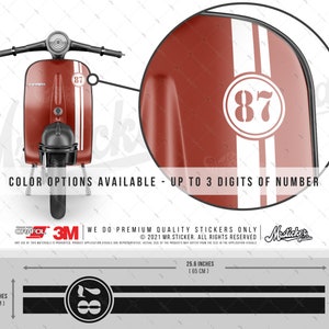 Könnte beinhalten: Ein roter Roller mit weißen Rennstreifen und der Nummer 87. Das Bild zeigt auch ein Aufkleberdesign mit der Nummer 87 und schwarzen Streifen. Der Aufkleber ist 65 cm lang und 10 cm hoch.