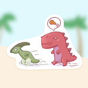 May include: A red dinosaur with a thought bubble above its head showing a chicken leg. A green dinosaur with wheels is running away from the red dinosaur.