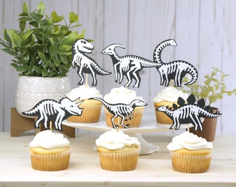 Dinosaur Cupcake Toppers - Fossil Cupcake Toppers - Dinosaur Bones Skeleton Cupcakes - Dinosaur Theme Party Decor - Dinosaur Birthday