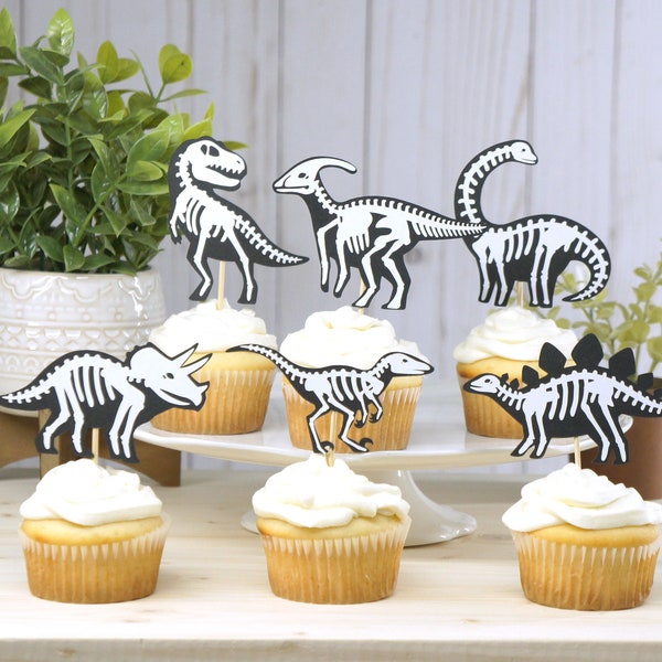 Dinosaur Cupcake Toppers - Fossil Cupcake Toppers - Dinosaur Bones Skeleton Cupcakes - Dinosaur Theme Party Decor - Dinosaur Birthday