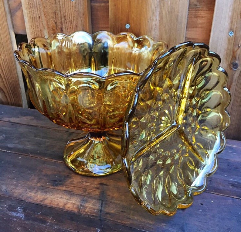 Amber Depression Glass Pedestal Fruit Bowl Divided Glass Etsy