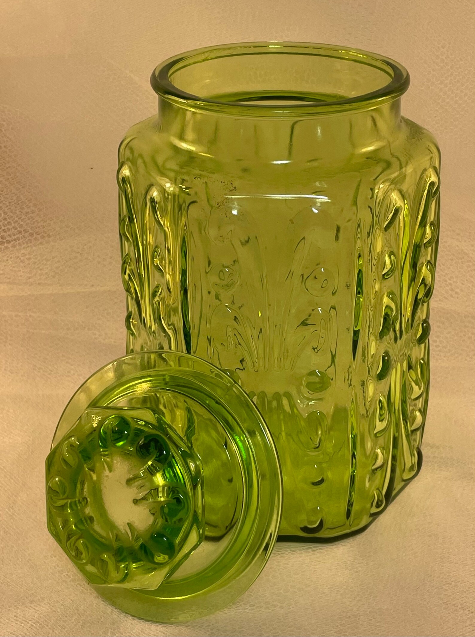 Emerald Glass Container with Lid Green Embossed Iridescent Etsy