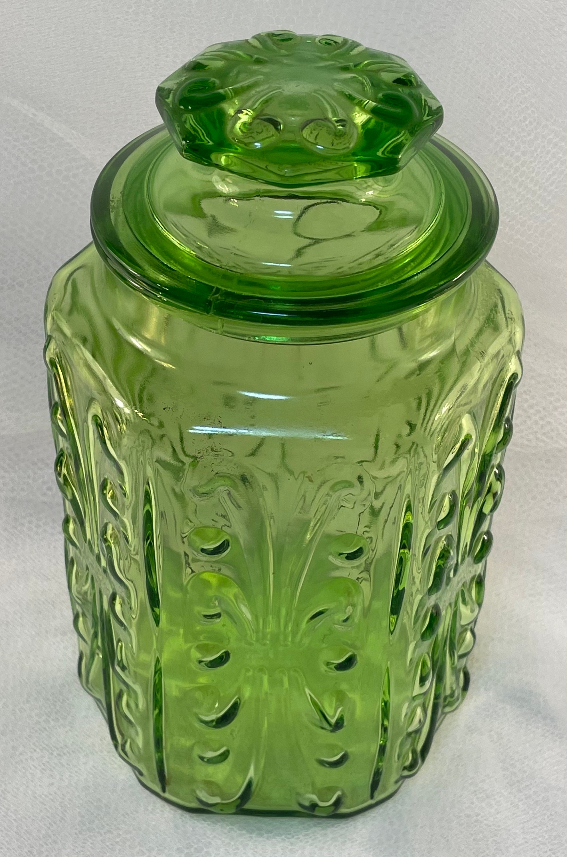 Emerald Glass Container with Lid Green Embossed Iridescent Etsy