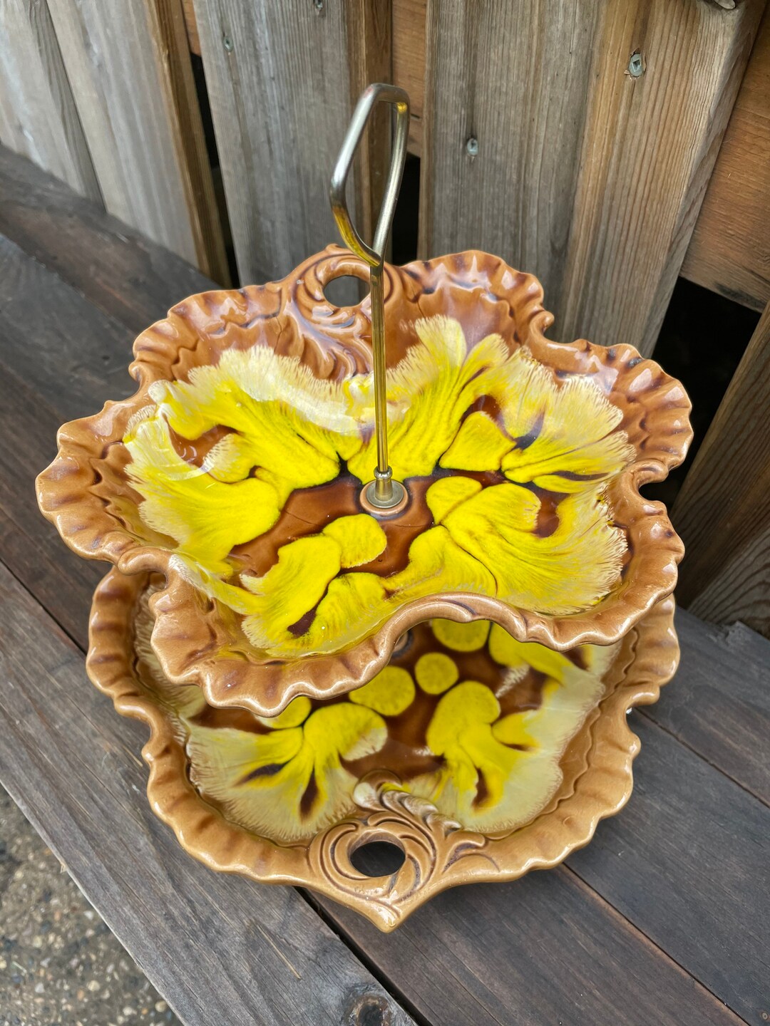Two Tier Cake Stand by Sabre Montreal Fine Gifts, Brown Yellow Drip