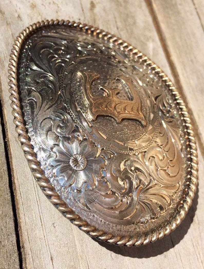 Rodeo Buckle Cowboy Belt Trucker Belt Silversmith Belt Buckle Vintage 80s Western Buckle Silver and Gold Plated Buckle Biker Belt