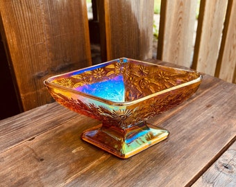 Vintage marigold carnival glass pedestal candy bowl amber iridescent dimond shape