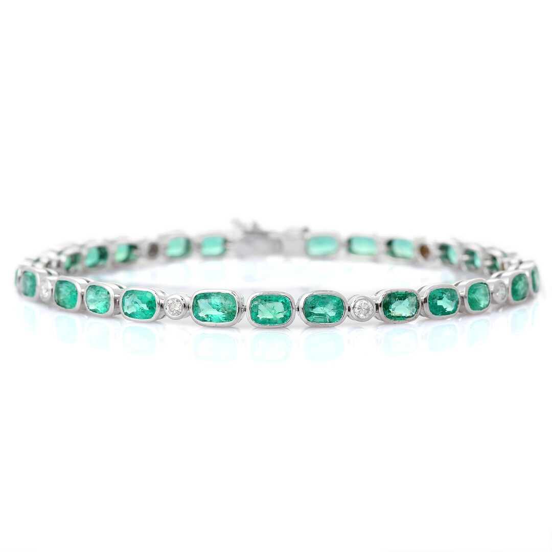 18k White Gold Tennis Bracelet Natural Emerald With Diamond - Etsy