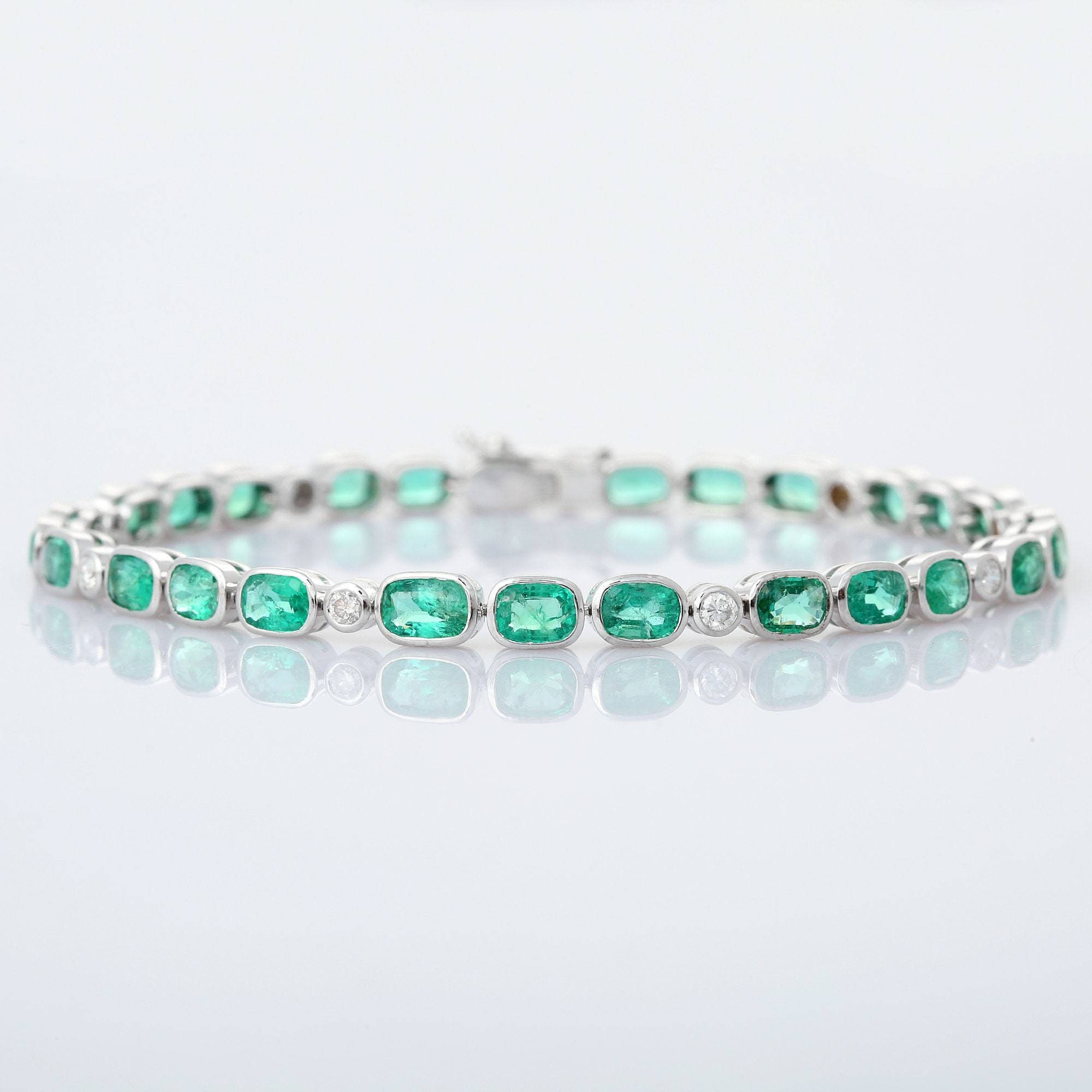 18k White Gold Tennis Bracelet Natural Emerald With Diamond | Etsy