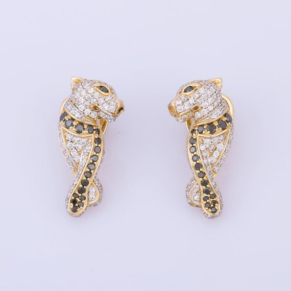 14K Solid Gold Panther Earring Tiny White and Black Diamond Etsy