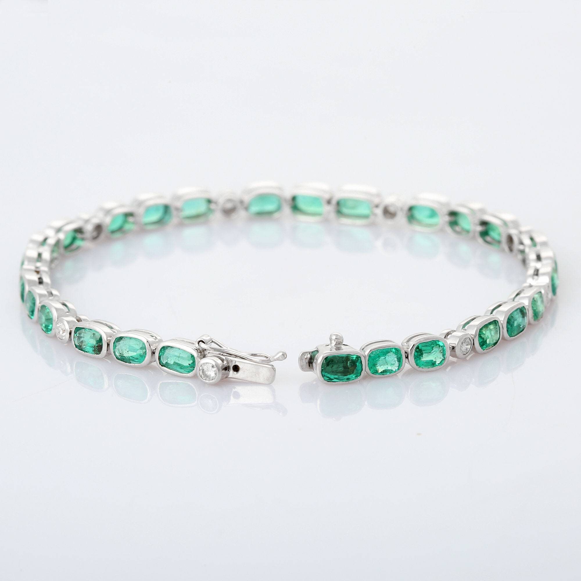 18k White Gold Tennis Bracelet Natural Emerald With Diamond | Etsy