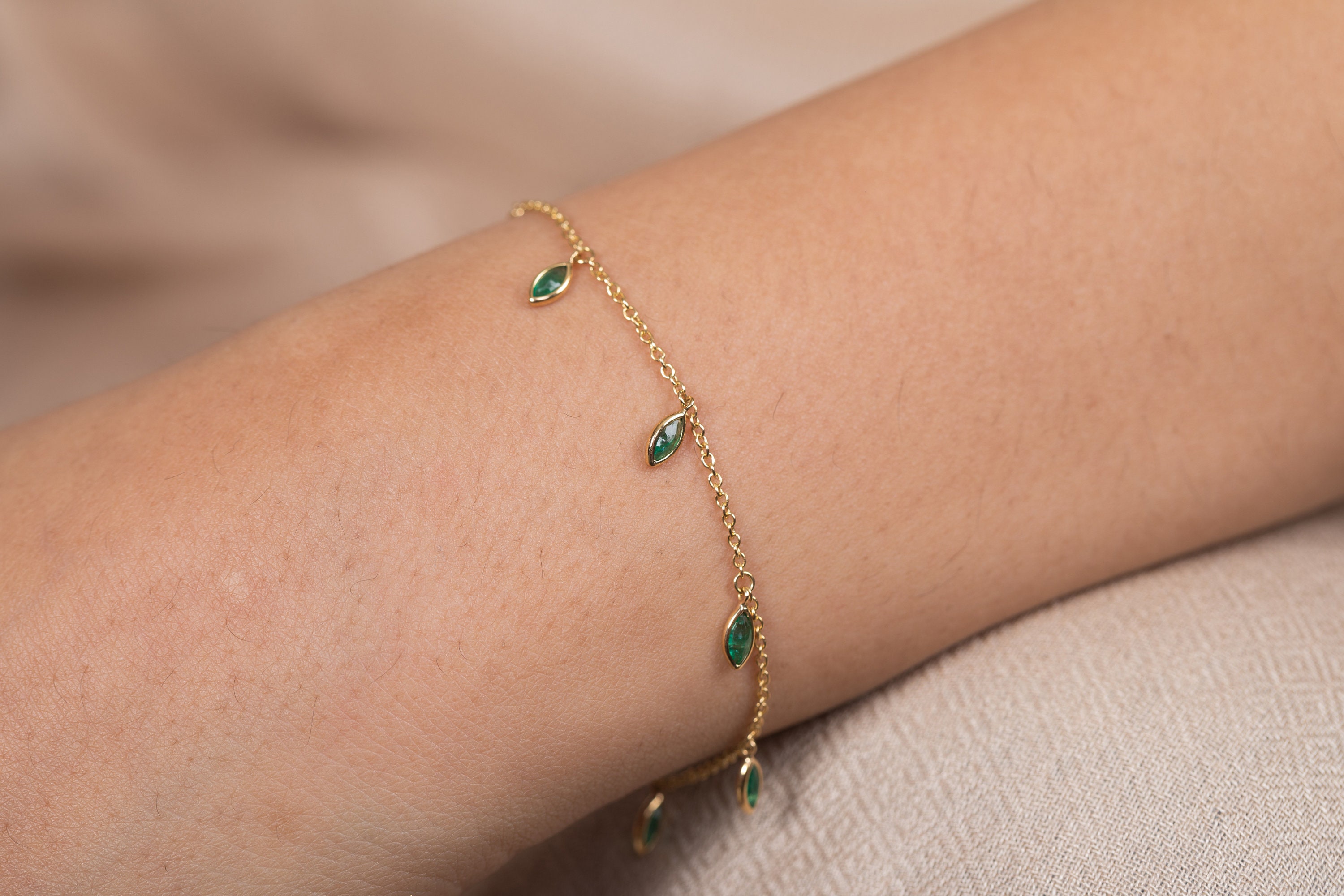 18K Gold Bracelet With Emerald Charm Gemstone Marquise Shape Etsy