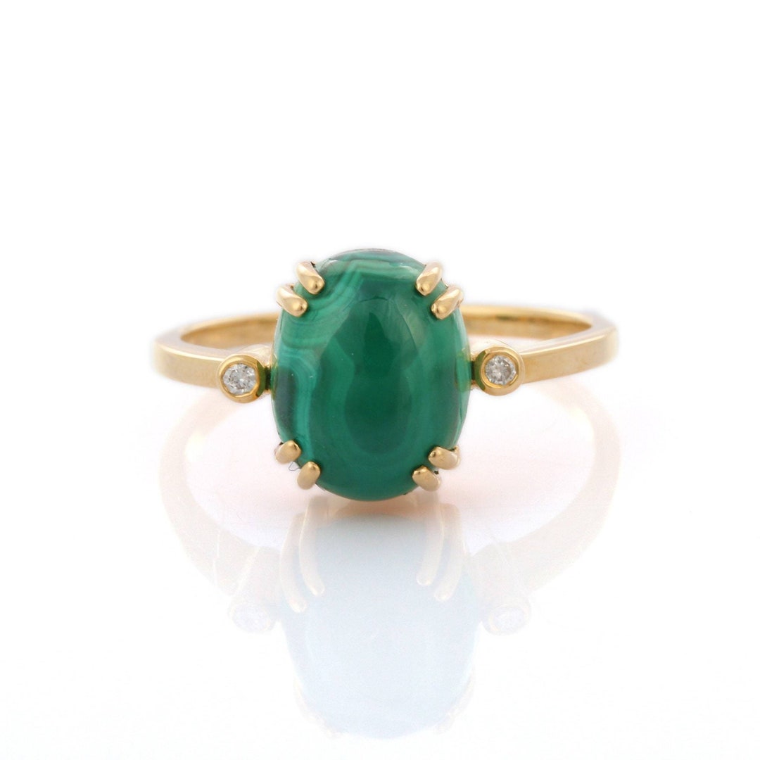 18K Solid Yellow Gold Ring With Natural Malachite Stone - Etsy