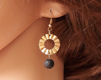 Dangle earrings golden small hoop sun and black round lava rock, ethnic fashionable stone earrings statement unusual, precious rock earrings