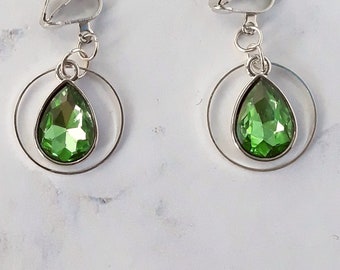 Clip on earrings dangle drop green facet rhinestones in silvered ring hoop, evil eye earrings, cat eye earrings, statement jewel