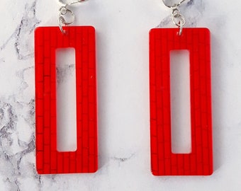 Clip on earrings dangle red colorful rectangle hoop graphic acrylic resin, geometric jewel fashionable statement 50s 60s, comfortable