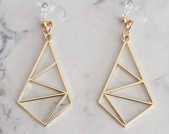 Geometric invisible clip on earring dangle golden rhombus diamond lozenge, jewel emo boho glamour ethnic statement, non pierced earrings