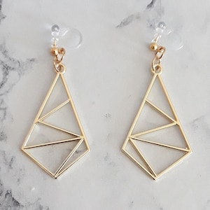 Geometric invisible clip on earring dangle golden rhombus diamond lozenge, jewel emo boho glamour ethnic statement, non pierced earrings