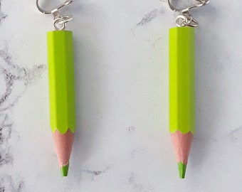 Clip on earrings dangle light green crayon pencil wooden, invisible clip comfortable non pierced, teacher gift artist kids schoolmistress