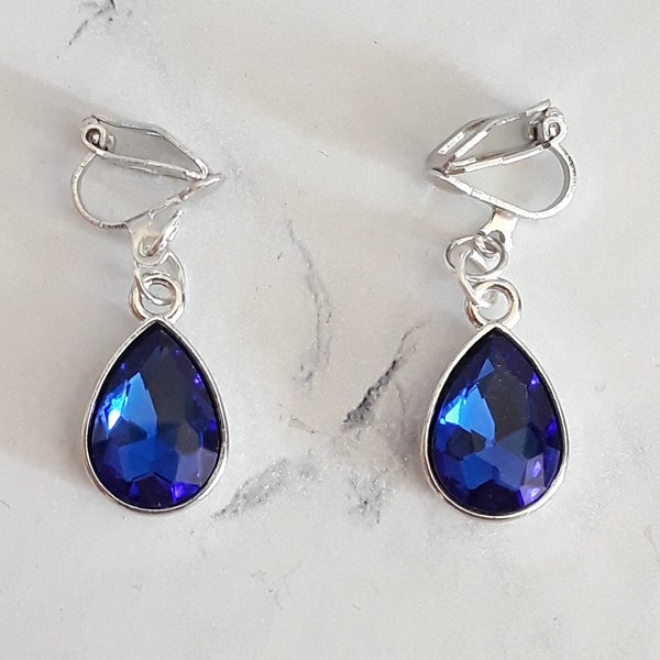 Boucles d'oreilles clip bleu roi goutte strass diamanté pendant oval argenté, bijou romantique baroque boheme chic, clips d'oreille