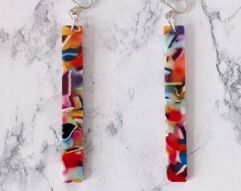 Clip on earrings dangle colorful rectangle tortoise shell acrylic resin rod multicolor bar, geometric jewel fashionable statement, comfort