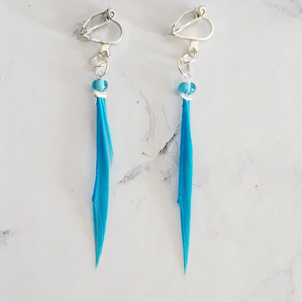 Clip on feather earrings blue small delicate dangle, bohemian earrings, ethnic lightweight jewel statement, invisible clip