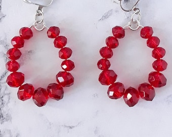 Clip on hoop earrings dangle red beads pearl tear drop creole, ethnic jewel fashion stylish modern statement boho chic