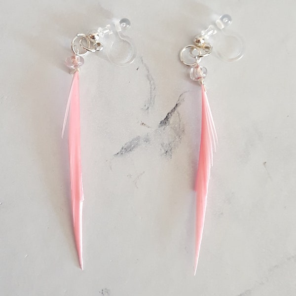 Invisible clip on feather earrings pink small delicate dangle, bohemian earrings, ethnic lightweight jewel statement, invisible clip