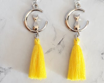 clip on earrings dangle tassel yellow silver cat moon, cute kawaii jewel kids women gift cat lover, comfortable invisible non pierced