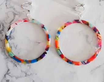 Clip on earrings dangle hoop acetate acrylic colorful rainbow multicolor tortoise shell resin, ethnic jewel fashionable statement boho