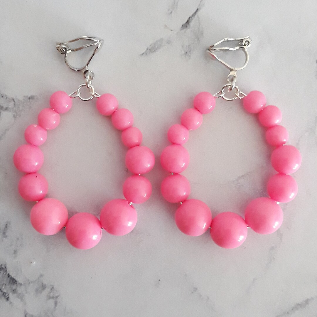Clip on Hoop Earrings Dangle Pink Beads Pearl Tear Drop Creole Etsy UK