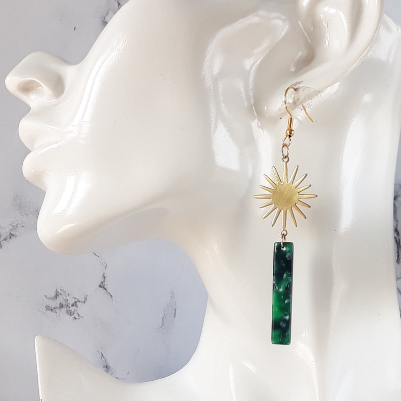 Dangle earrings golden sun and green rectangle acrylic acetate resin long, ethnic jewel statement bohemian, woman gift image 3