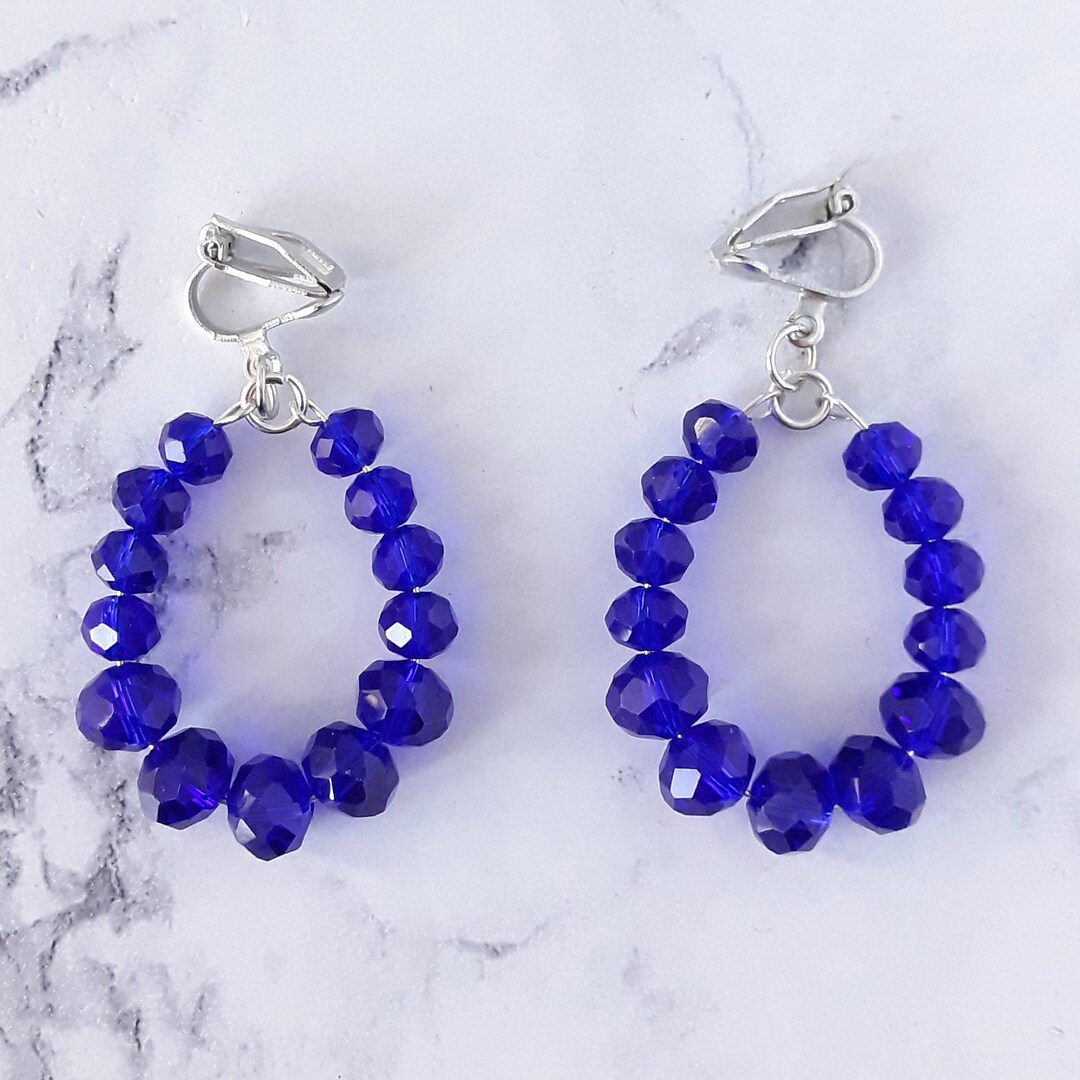 Clip on Hoop Earrings Dangle Blue Beads Pearl Tear Drop Etsy