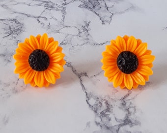 Clip on earrings flower sunflower orange sun, kawaii cute jewel girl funny crazy unusual polymer clay fimo kid ethnic non pierced