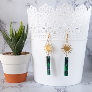 Dangle earrings golden sun and green rectangle acrylic acetate resin long, ethnic jewel statement bohemian, woman gift image 4