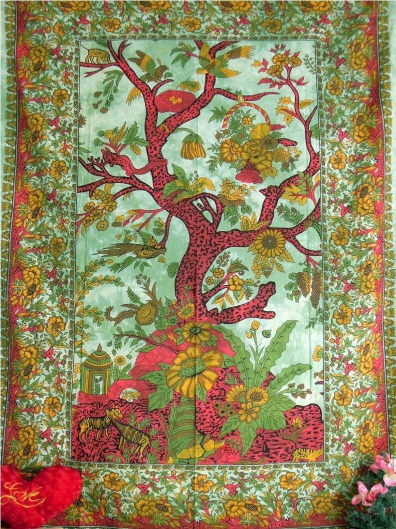 Indian Tapestry Green Tapestry Wall Decor Tree of Life Etsy