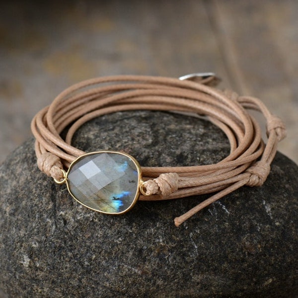 Bracelet wrap en simili-cuir et Labradorite